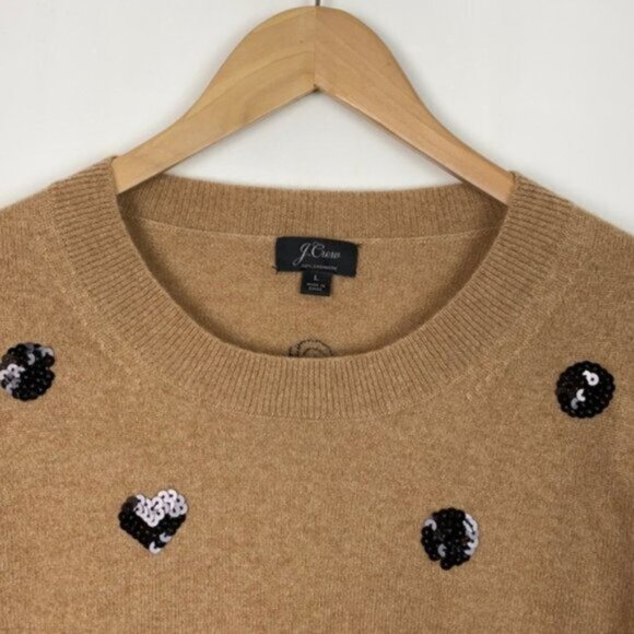 J.Crew L Cashmere Sweater Beige Black Sequins Polka Dots - Picture 1 of 15